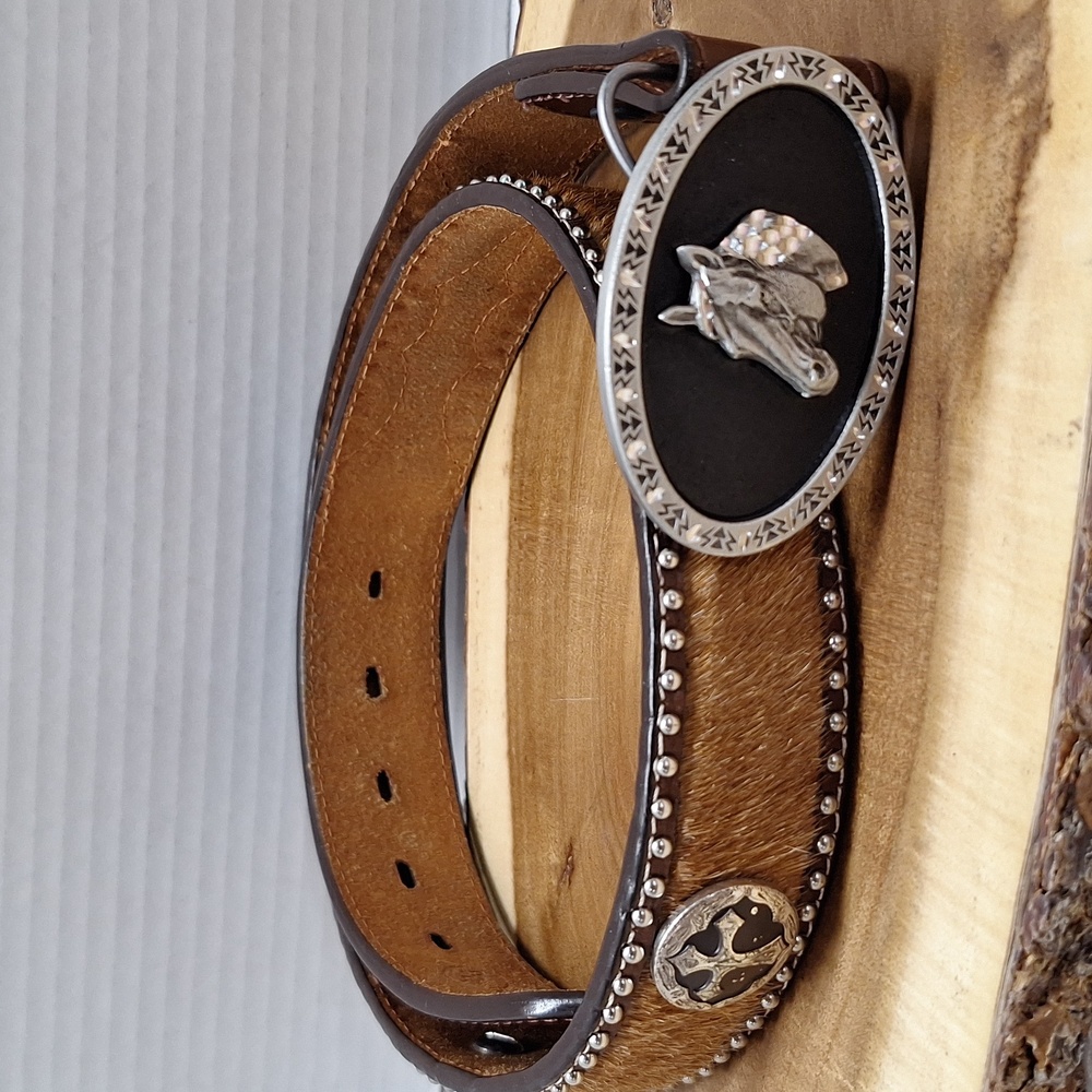#ADH Leather Belt With Horse buckle, diamond cut Buckle, Stamped Sz 32